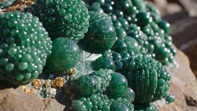 Emerald Green Wavellite Clusters on Rocky Surface