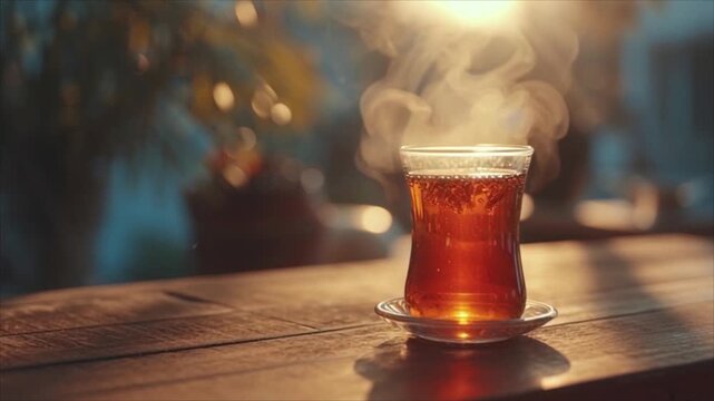 Steaming cup of tea on a wooden table with morning sunlight casting shadows in a serene outdoor setting captured