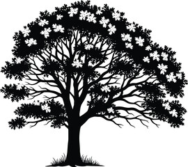 Obraz premium Oak, tree, silhouette, isolated, on, white, background, vector, illustration, nature, plant, foliage, branches, leaves, garden, park, forest, landscape, environment, ecology, graphics, design,