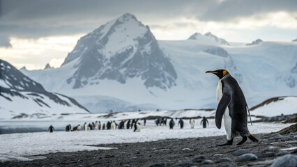 A penguin leaves the flock behind and heads towards the snowy mountains; dramatic visual.