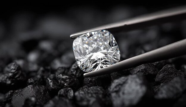 Cushion cut diamond held by precision tweezers against dark black background, brilliant white diamond with perfect facets and reflections, resting 
on bed of small black rough diamonds or coal pieces