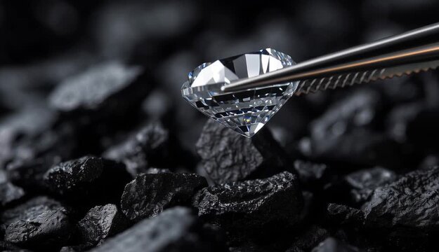 Cushion cut diamond held by precision tweezers against dark black background, brilliant white diamond with perfect facets and reflections, resting 
on bed of small black rough diamonds or coal pieces