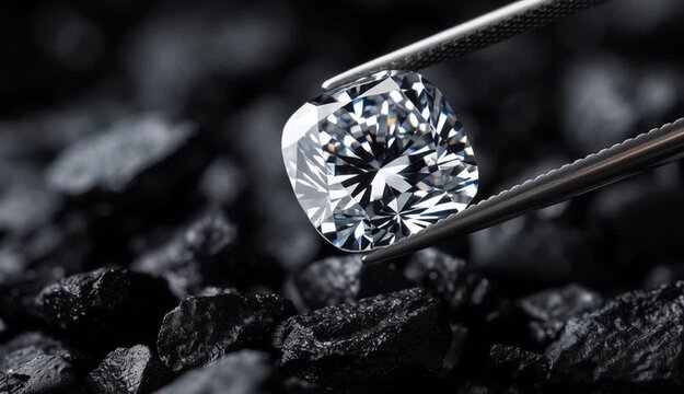 Cushion cut diamond held by precision tweezers against dark black background, brilliant white diamond with perfect facets and reflections, resting 
on bed of small black rough diamonds or coal pieces