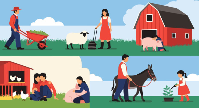 Farmers working on a farm with animals and plants.