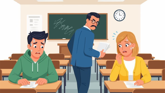 Teacher catches students cheating during exam in classroom setting.