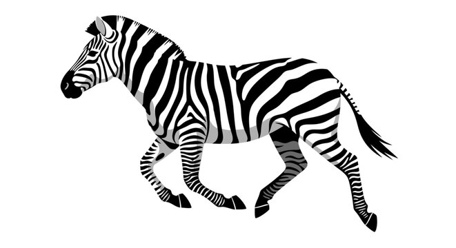 Black and white illustration of a running zebra isolated on white background.