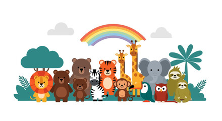 Fototapeta premium Colorful cartoon animals standing together under a rainbow.