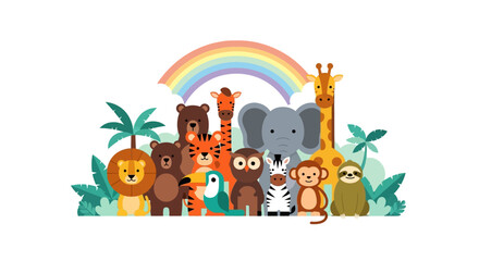 Fototapeta premium Colorful cartoon animals gathered together under a rainbow.