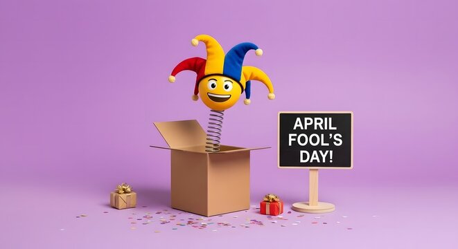 A colorful jester toy pops out of a cardboard box on April Fool's Day with confetti and gifts around it.