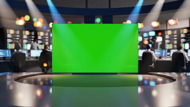 Green Screen tv studio news newsroom background for broadcasts blurred of at station channel design control room 3d rendering scene 2 with distortion, overlay, glitch, static noise, scan lines on