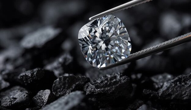 Cushion cut diamond held by precision tweezers against dark black background, brilliant white diamond with perfect facets and reflections, resting 
on bed of small black rough diamonds or coal pieces