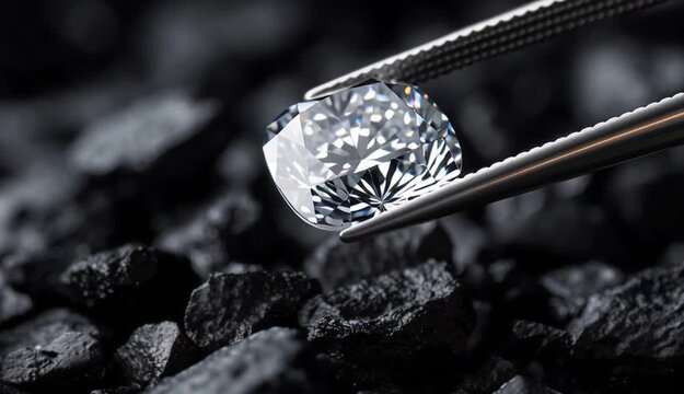 Cushion cut diamond held by precision tweezers against dark black background, brilliant white diamond with perfect facets and reflections, resting 
on bed of small black rough diamonds or coal pieces