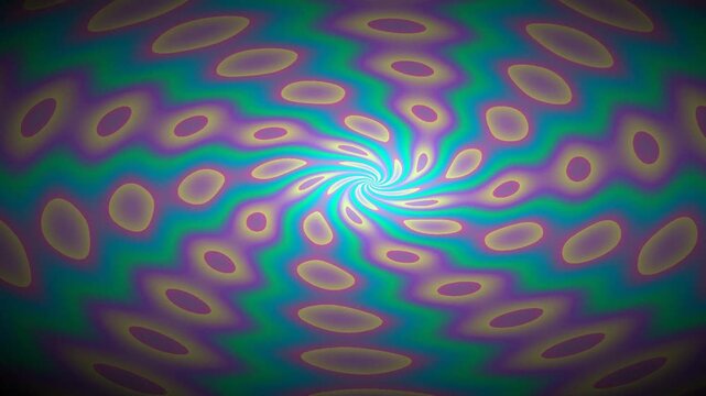 Abstract psychedelic vortex with colorful swirling patterns and glowing oval shapes in dynamic motion