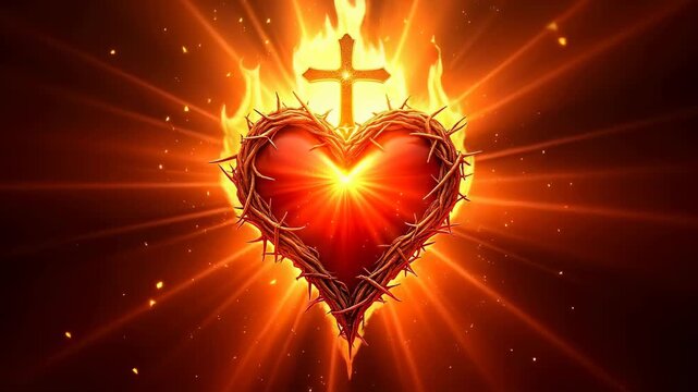 Sacred heart emblem radiating light, thorns and flames, Catholic faith icon, resurrection love, emblematic design, vibrant reds and golds, religious art
