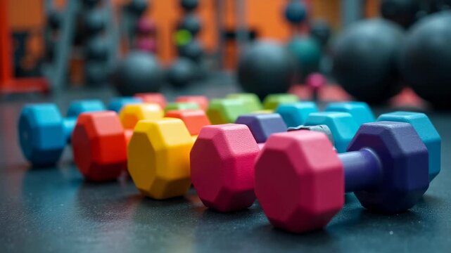 Colorful dumbbells on gym floor, fitness weights arranged in row inside modern training facility, strength workout scene, concept of fitness training gym