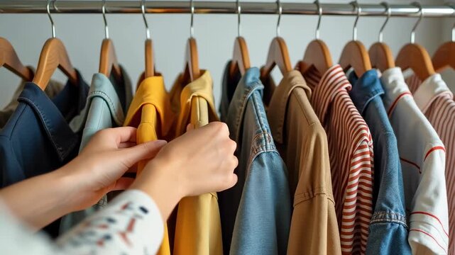 Recycled fashion garments on hangers, sustainable clothing, eco-fashion concept, upcycled textiles, circular fashion economy, ethical wardrobe, green apparel, second-hand style