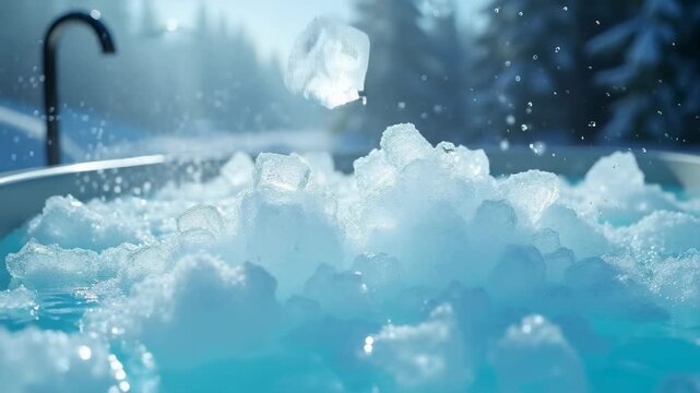 Ice bath tub with frozen water, cold therapy recovery, athletic recuperation, cryotherapy alternative, muscle recovery method, wellness practice, extreme cold immersion