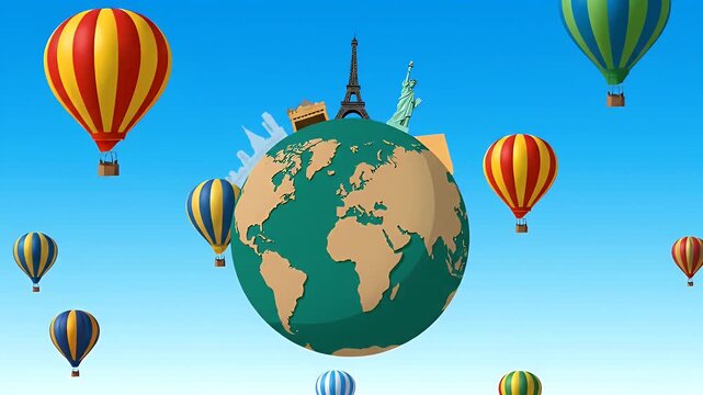 A travel illustration of colorful hot air balloons flying around a globe with landmarks.