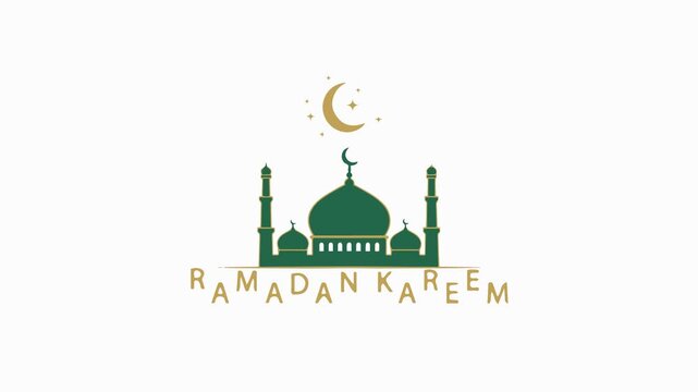 Ramadan Kareem Greeting Banner with Green Mosque and Crescent Moon Illustration.