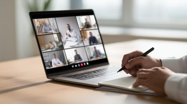 A high-quality corporate photo of a professional's hands taking notes during a multi-person online video conference on a laptop, representing remote work and digital collaboration.