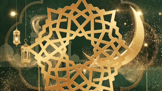 Golden Islamic pattern with crescent moon and lanterns in a mystical night sky