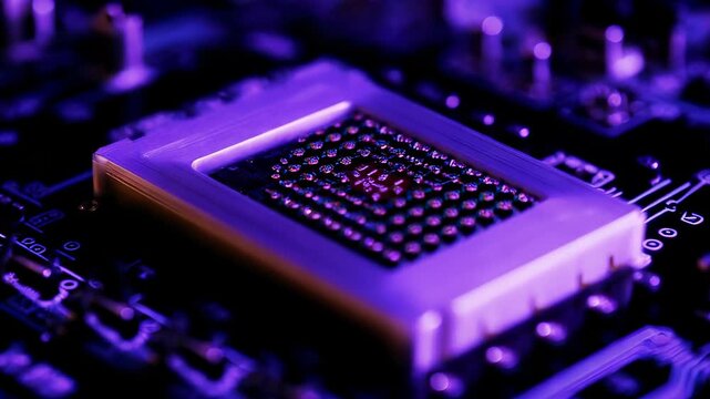 Close-up of Microchip on Circuit Board with Purple Lighting