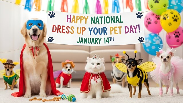 Happy National Dress Up Your Pet Day banner with multiple dogs and a cat in superhero, bee, and fairy costumes with balloons and bunting