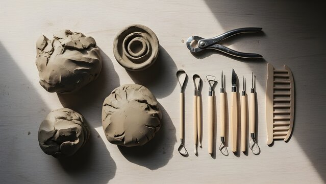 Top View of Pottery and Ceramic Art Tools with Raw Clay Lumps on Light Wooden Surface