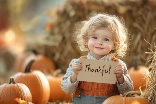 Smiling child holding thankful sign at pumpkin patch during fall harvest season