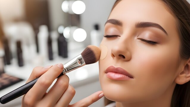 Professional makeup artist applying foundation to a beautiful woman's face with a brush