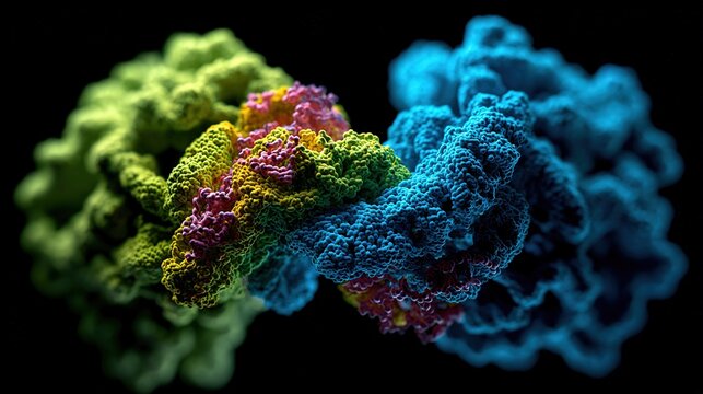 Protein molecular interaction, two protein molecules dock and bind, color fluorescent labeling of binding sites, schematic with black scientific background
