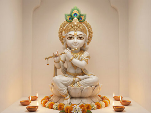 Traditional Krishna Idol Illustration with Flute and Peacock Feather &ndash; Devotional Murti Art