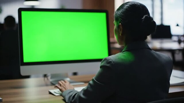Green Screen close up of monitor in office employee working at computer sitting desk view from back scene 2 with distortion, overlay, glitch, static noise, scan lines on black background, 4k animated