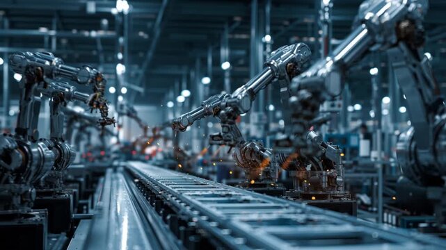 Industrial assembly line with robotic arms paused mid-process, metallic surfaces reflecting cold light, emphasizing precision, automation, and repetitive manufacturing in a modern factory setting.
