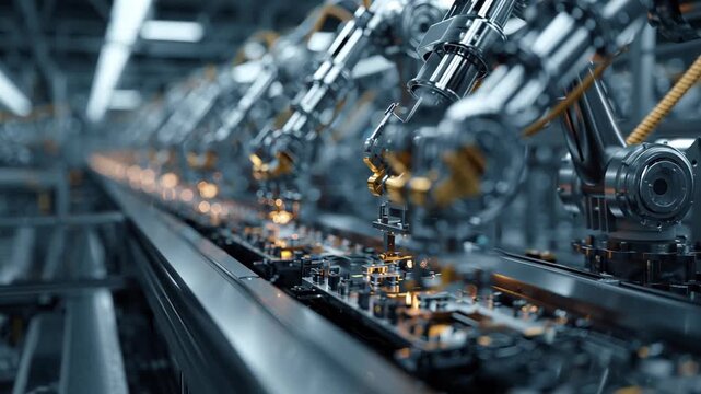 Industrial assembly line with robotic arms paused mid-process, metallic surfaces reflecting cold light, emphasizing precision, automation, and repetitive manufacturing in a modern factory setting.
