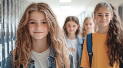 Obraz premium Diverse group of students walking in high school corridor