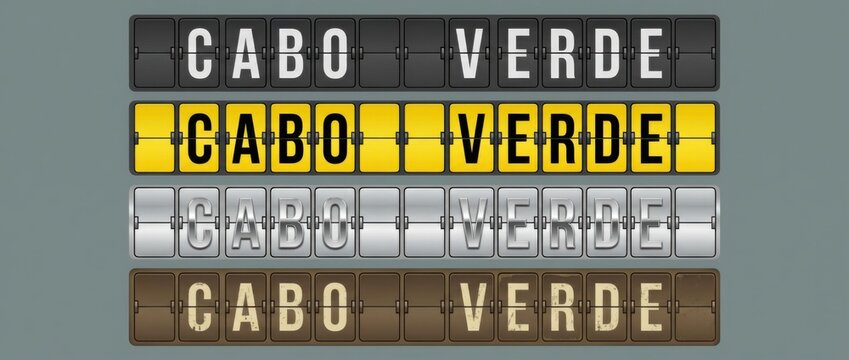 cabo verde airport split flap display title set with the word cabo verde spelled across flipboard tiles includes four different board styles