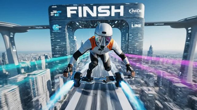 Futuristic hoverboard race over sleek metropolis: thrilling aerial view of racers gliding above a modern cityscape with glowing jet boards
