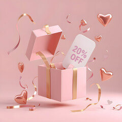 20% off sale discount concept: Open pink gift box with floating rose gold hearts