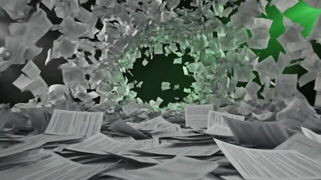Green Screen drowned in paperwork with too much work filled white pages falling from top at the camera on black and background scene 2 distortion, overlay, glitch, static noise, scan lines background