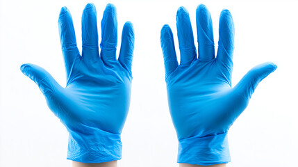 Obraz premium A high-quality studio shot of a pair of hands wearing bright blue nitrile medical gloves, isolated on a white background, ideal for healthcare and safety advertising.