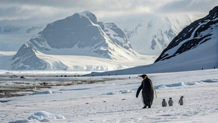 A penguin leaves a family behind and heads towards the snowy mountains; dramatic visual, shot from behind.