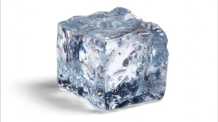 Obraz premium Crystal-clear ice cube with detailed frozen texture isolated on white background