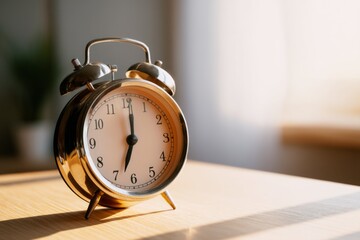 Naklejka premium Classic Alarm Clock on Table Illuminated by Morning Sunlight in Quiet Room