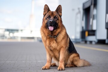 Alert Dog Sitting in Front of a Large Warehouse Exterior Setting