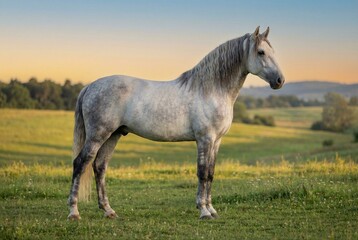 Obraz premium Lusitano horse standing in sunset-lit meadow pasture full body view