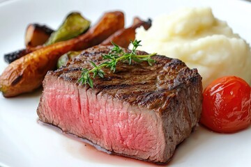 Juicy grilled steak with mashed potatoes and roasted vegetables garnished with fresh thyme