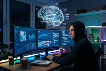 Naklejka premium AI developer at night analyzing data with machine learning dashboard