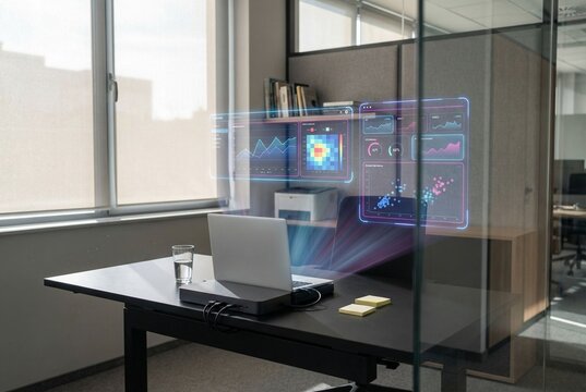 Futuristic office desk with holographic data dashboards and laptop