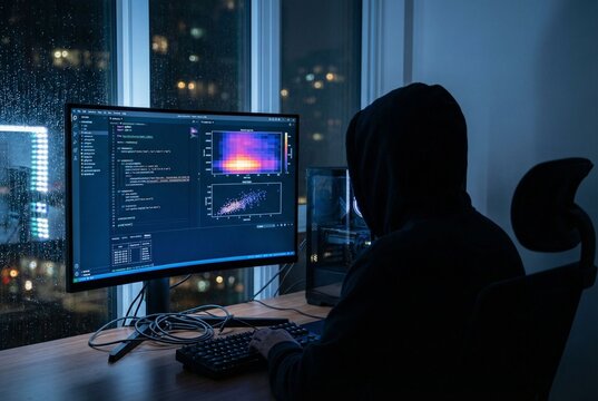 Data scientist working late on code and heatmaps in dark office